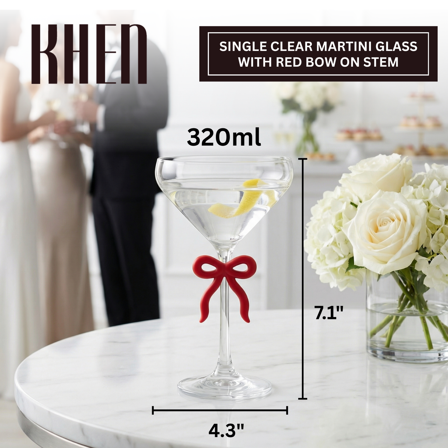 Single Clear Martini Glass With A Red Bow Stem