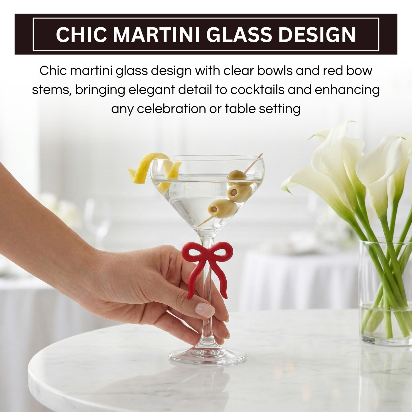 Single Clear Martini Glass With A Red Bow Stem