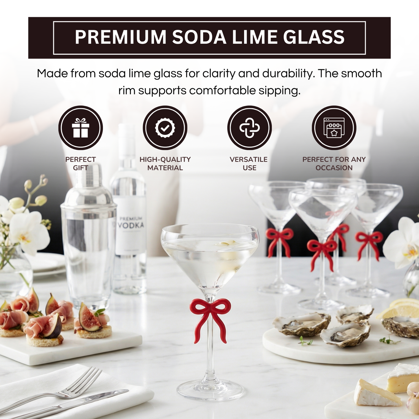 Single Clear Martini Glass With A Red Bow Stem