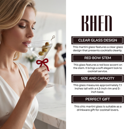 Single Clear Martini Glass With A Red Bow Stem