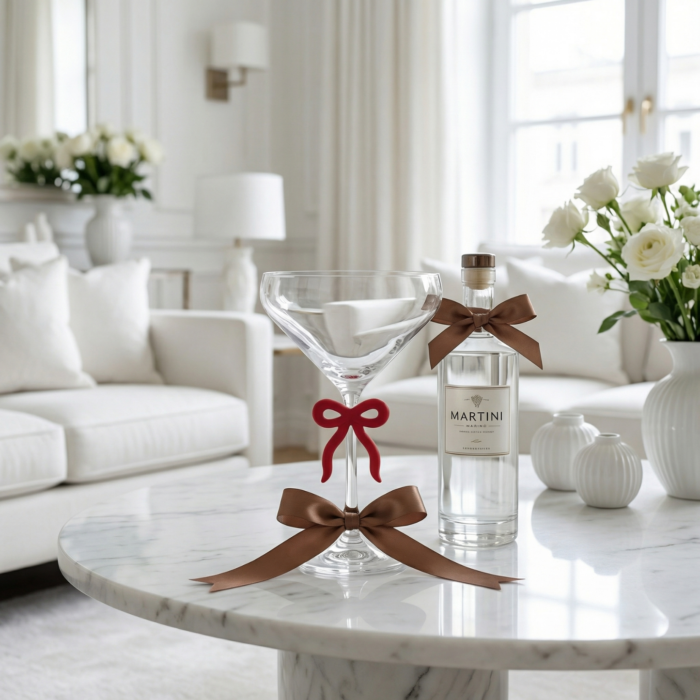 Single Clear Martini Glass With A Red Bow Stem