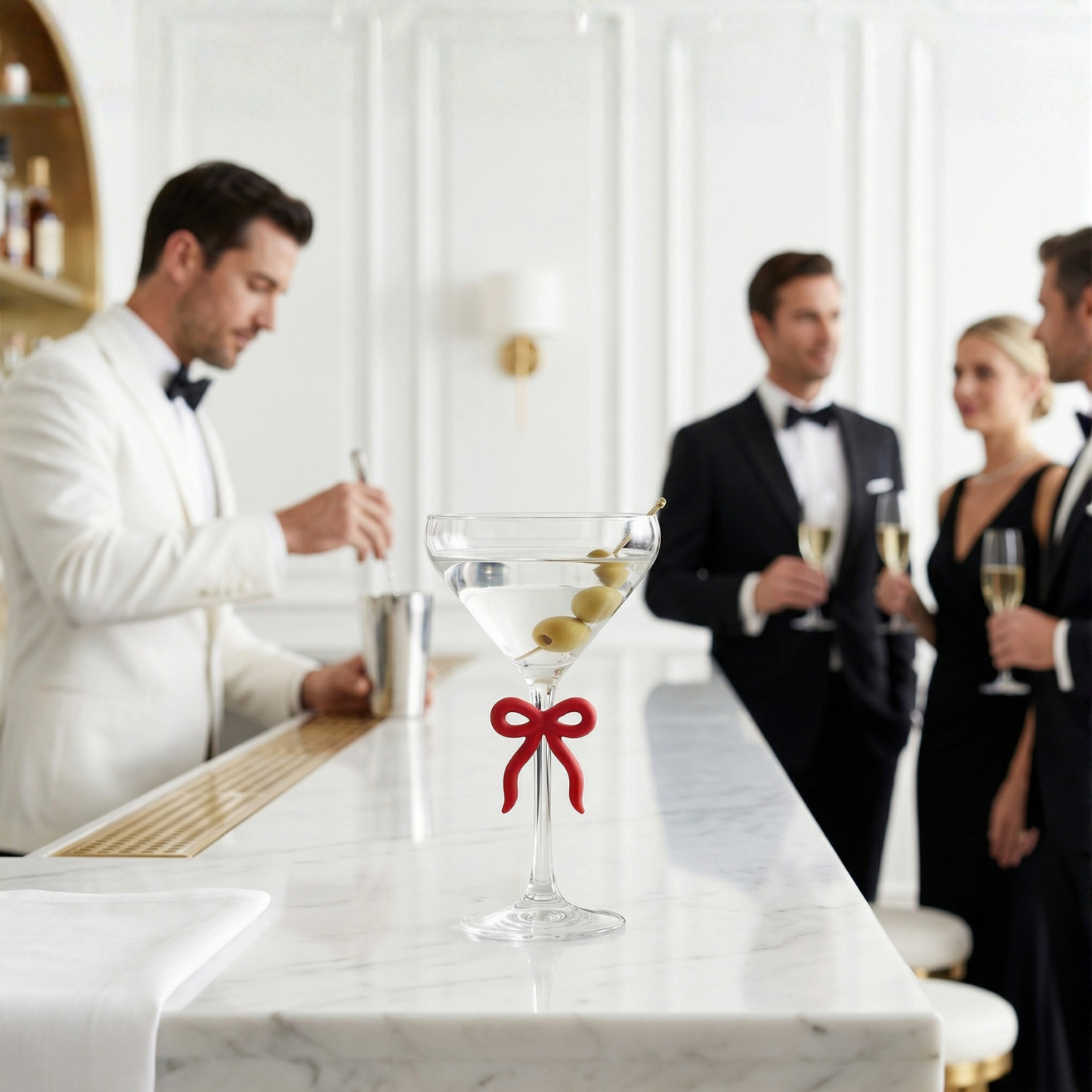 Single Clear Martini Glass With A Red Bow Stem
