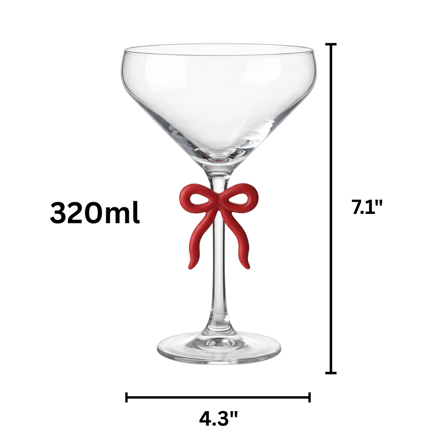 Single Clear Martini Glass With A Red Bow Stem