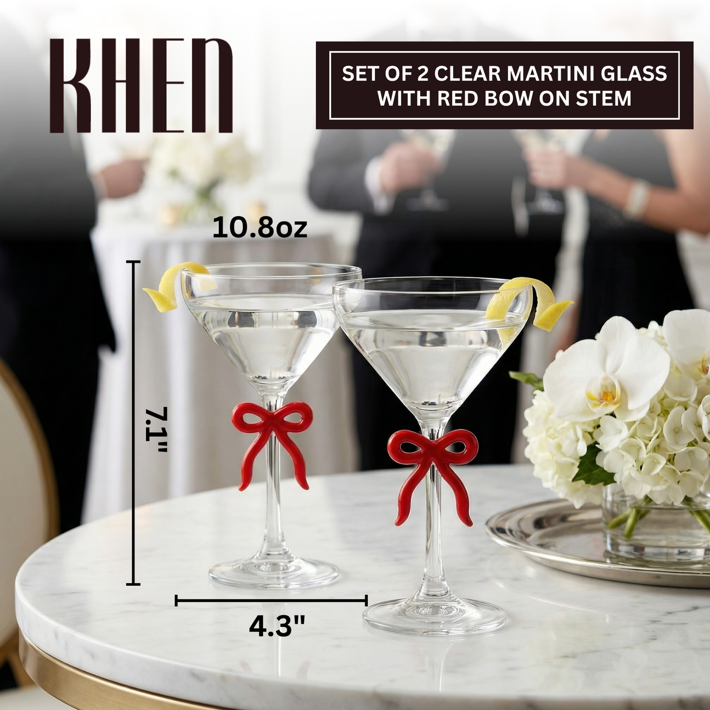 Elegant Clear Martini Glass With Red Bow Set of 2