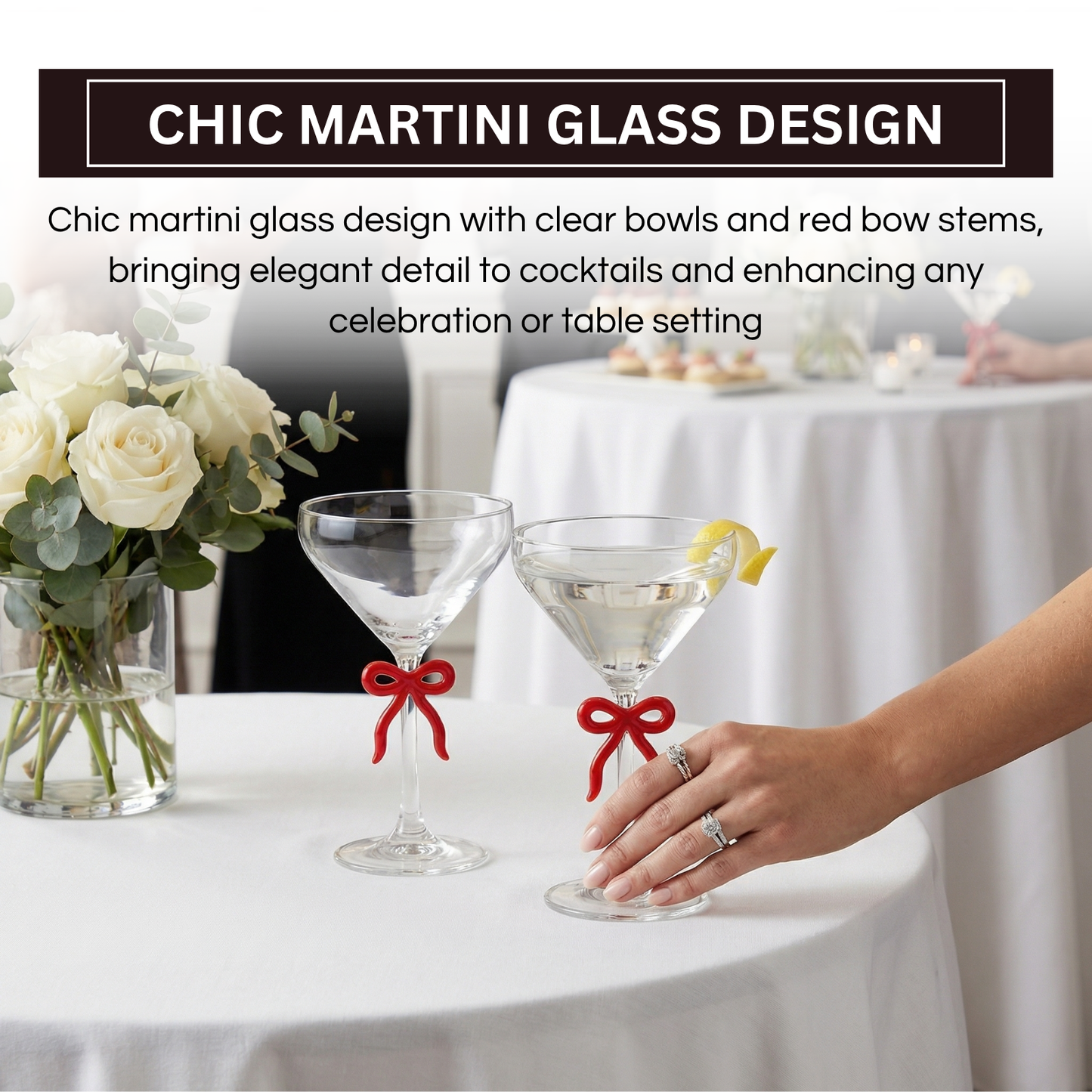 Elegant Clear Martini Glass With Red Bow Set of 2