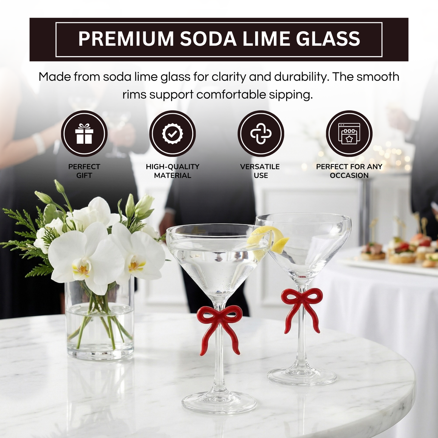 Elegant Clear Martini Glass With Red Bow Set of 2