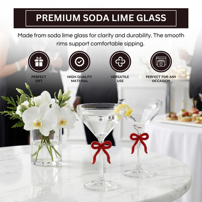 Elegant Clear Martini Glass With Red Bow Set of 2