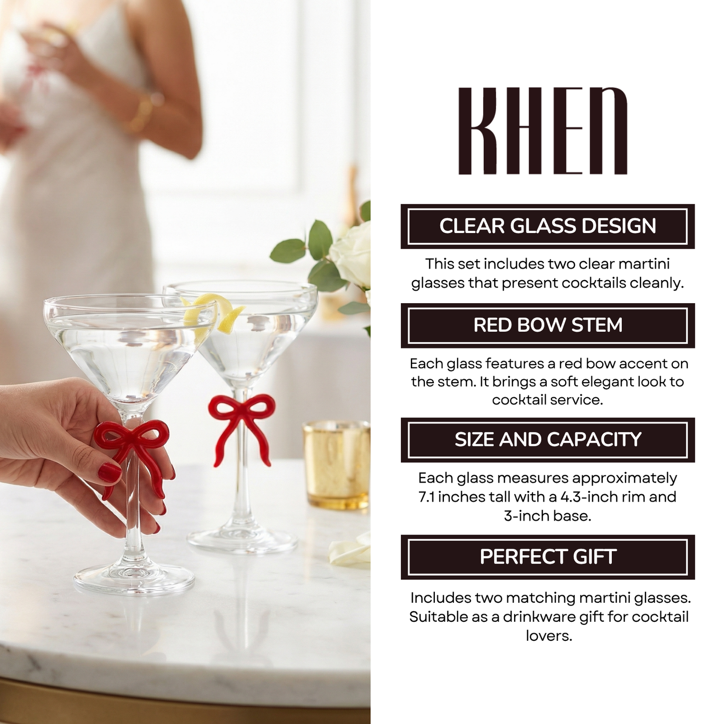 Elegant Clear Martini Glass With Red Bow Set of 2