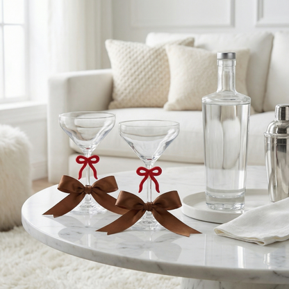 Elegant Clear Martini Glass With Red Bow Set of 2
