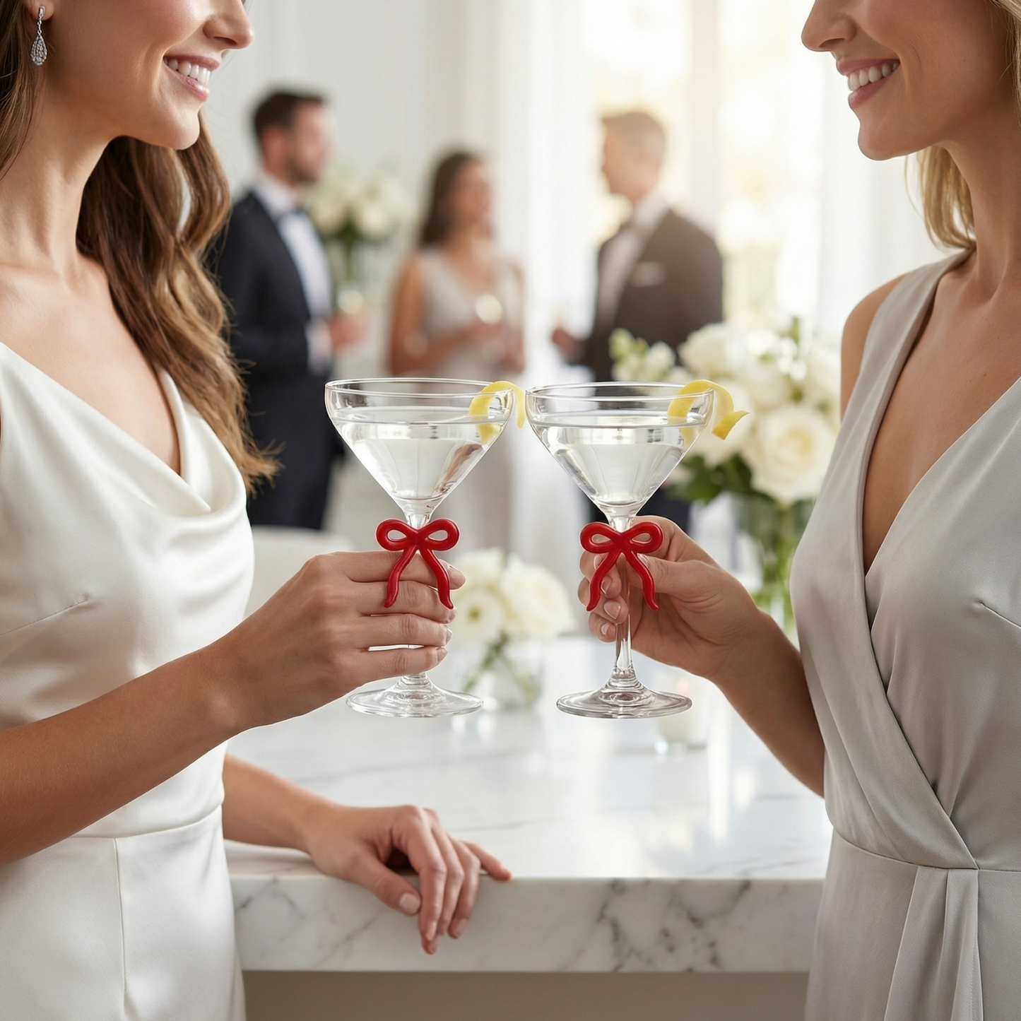 Elegant Clear Martini Glass With Red Bow Set of 2