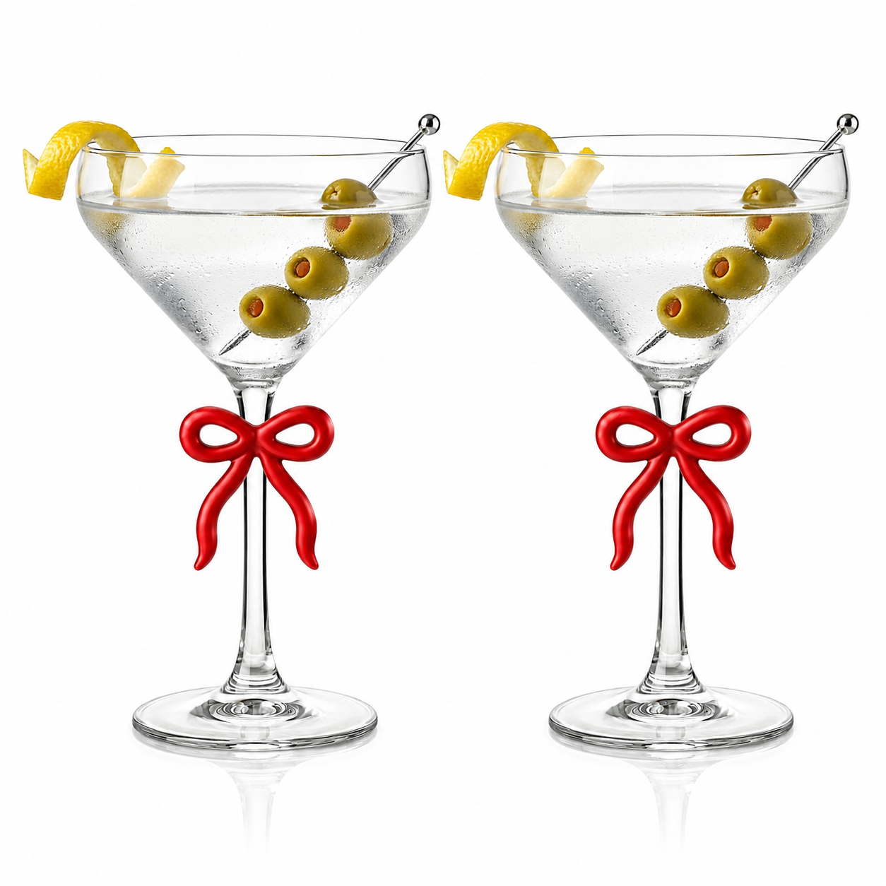 Elegant Clear Martini Glass With Red Bow Set of 2