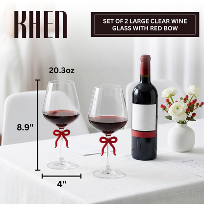 Set of Two Large Clear Wine Glasses and Red Bow