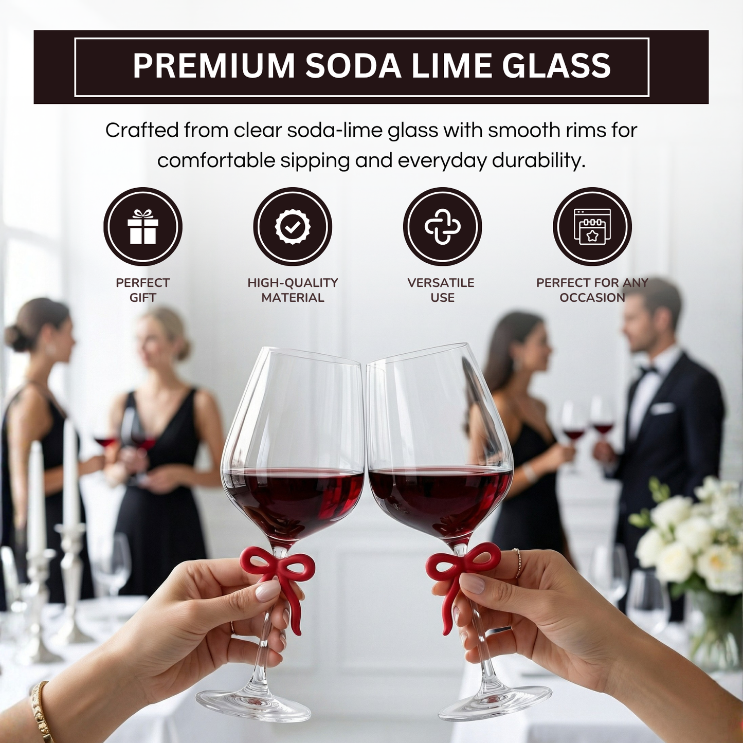 Set of Two Large Clear Wine Glasses and Red Bow