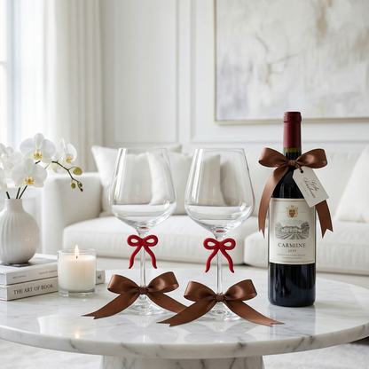 Set of Two Large Clear Wine Glasses and Red Bow