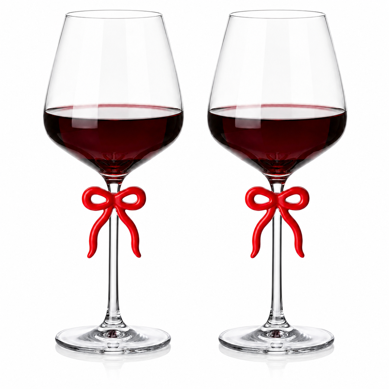 Set of Two Large Clear Wine Glasses and Red Bow