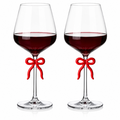 Set of Two Large Clear Wine Glasses and Red Bow