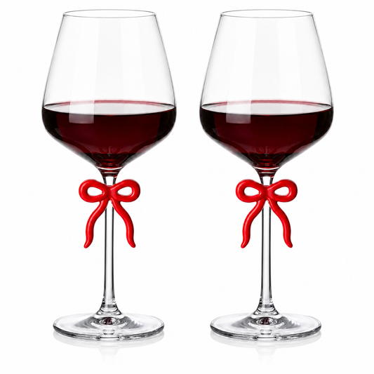 Set of Two Large Clear Wine Glasses and Red Bow