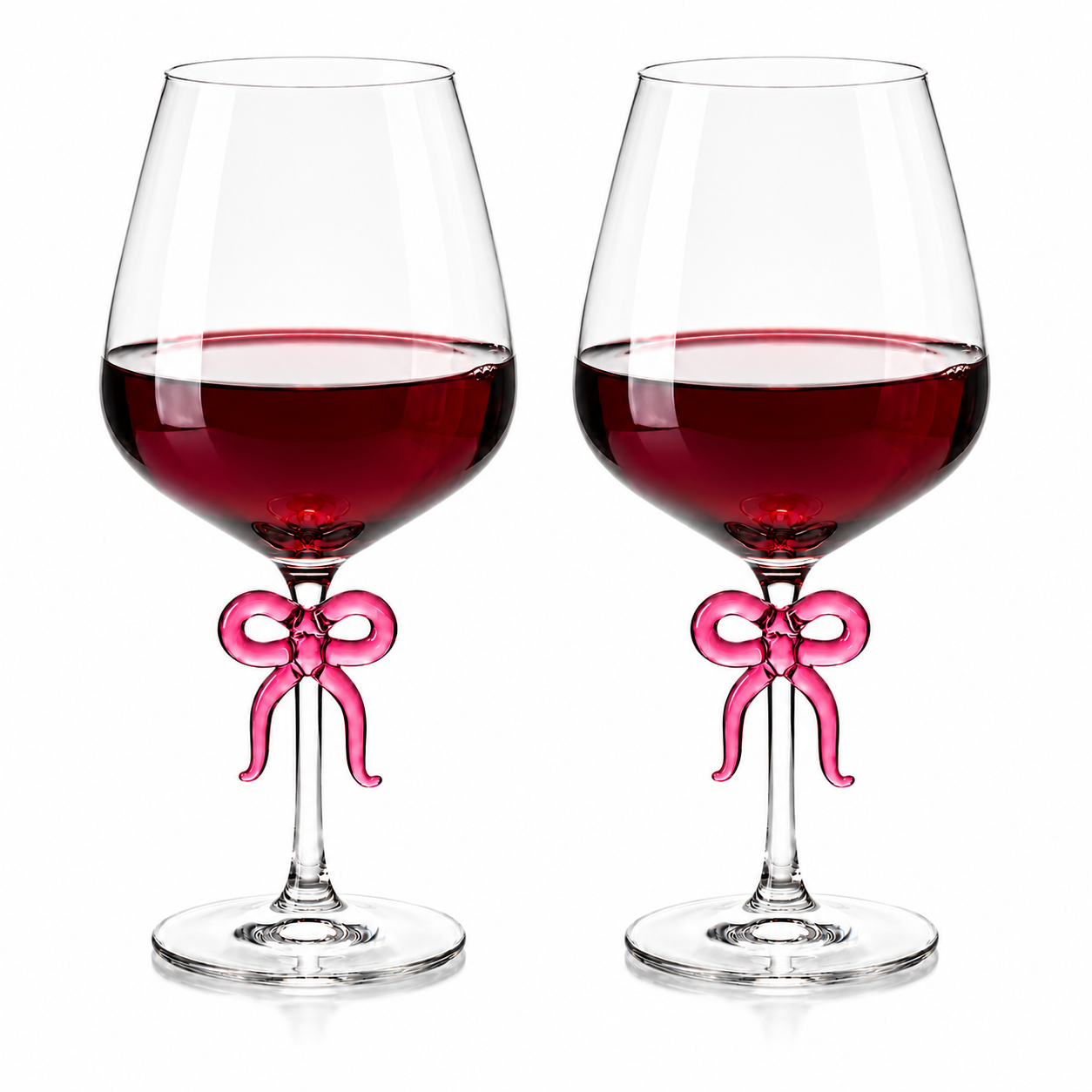 Large Clear Wine Glass with Pink Bow on Stem Set