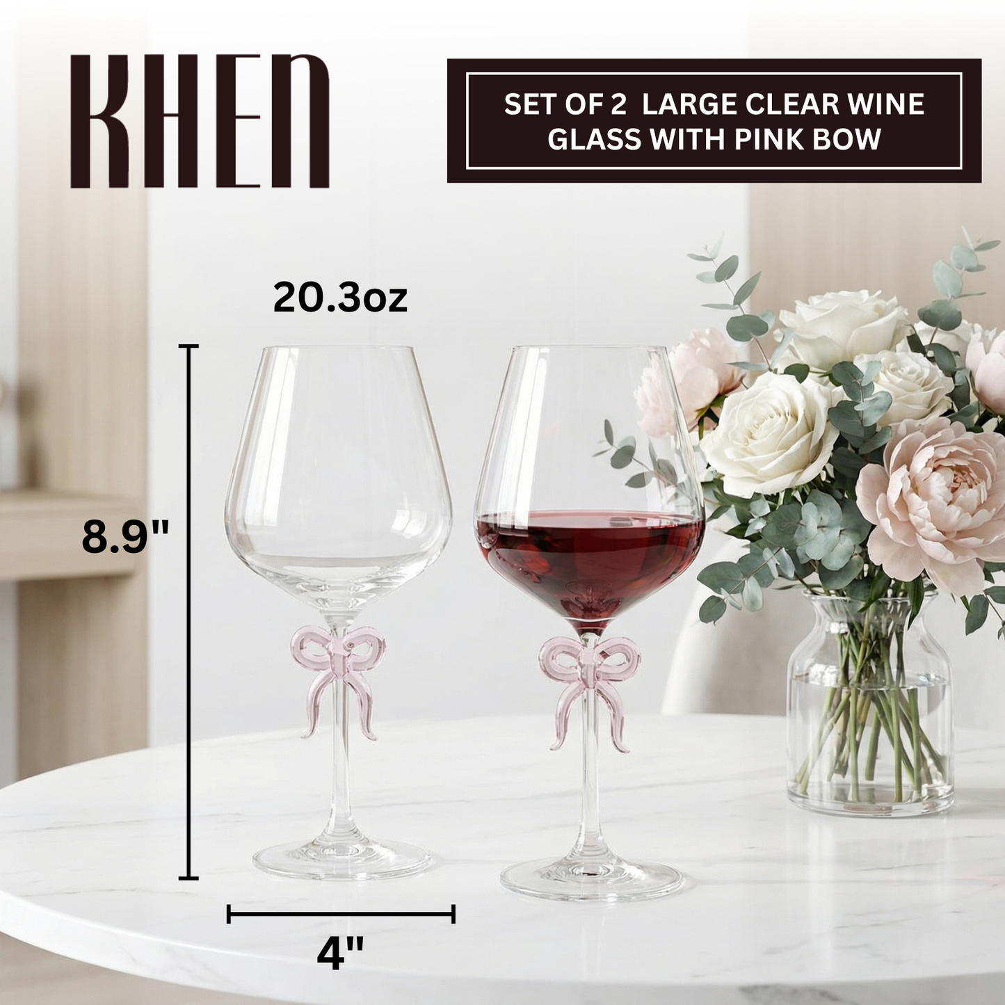 Large Clear Wine Glass with Pink Bow on Stem Set