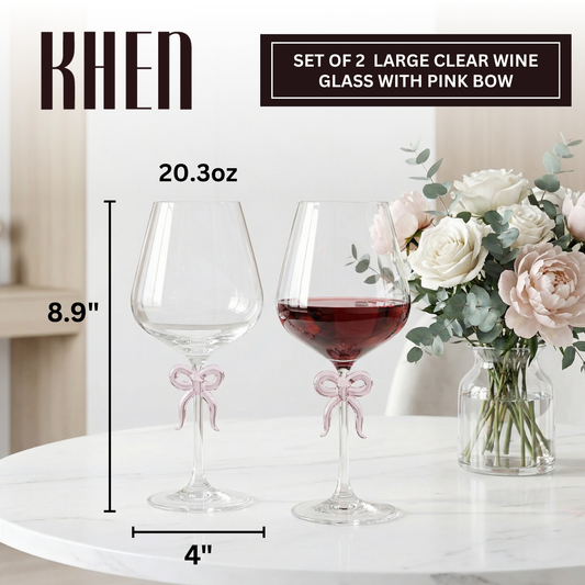 Large Clear Wine Glass with Pink Bow on Stem Set