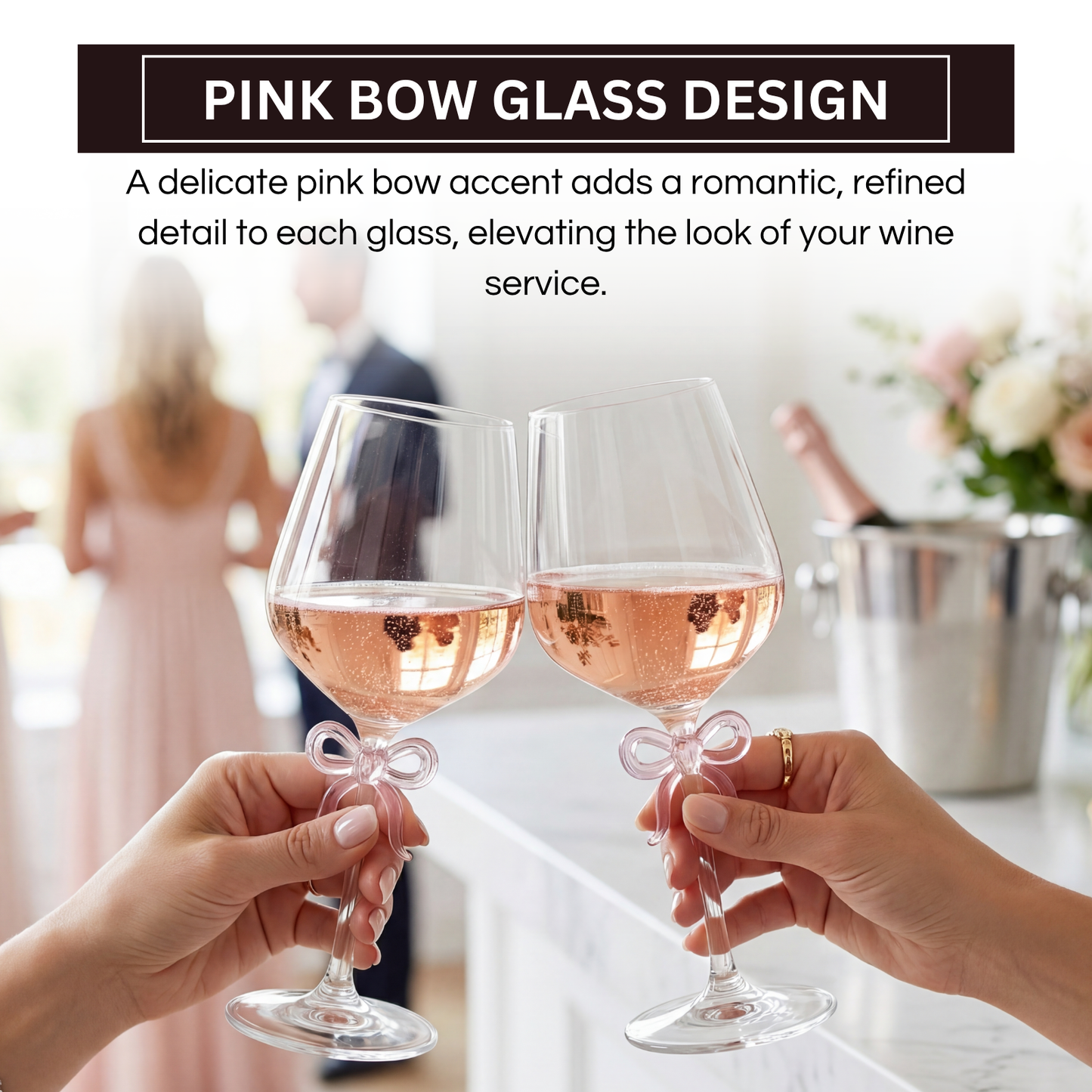 Large Clear Wine Glass with Pink Bow on Stem Set