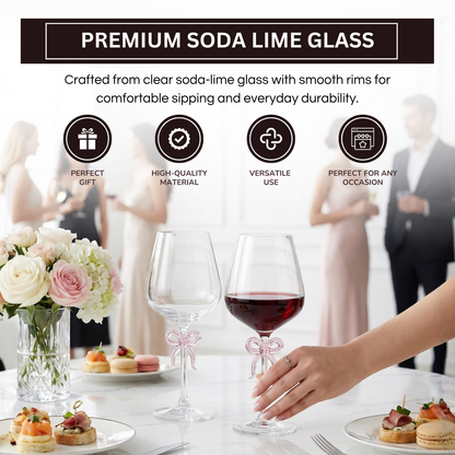 Large Clear Wine Glass with Pink Bow on Stem Set