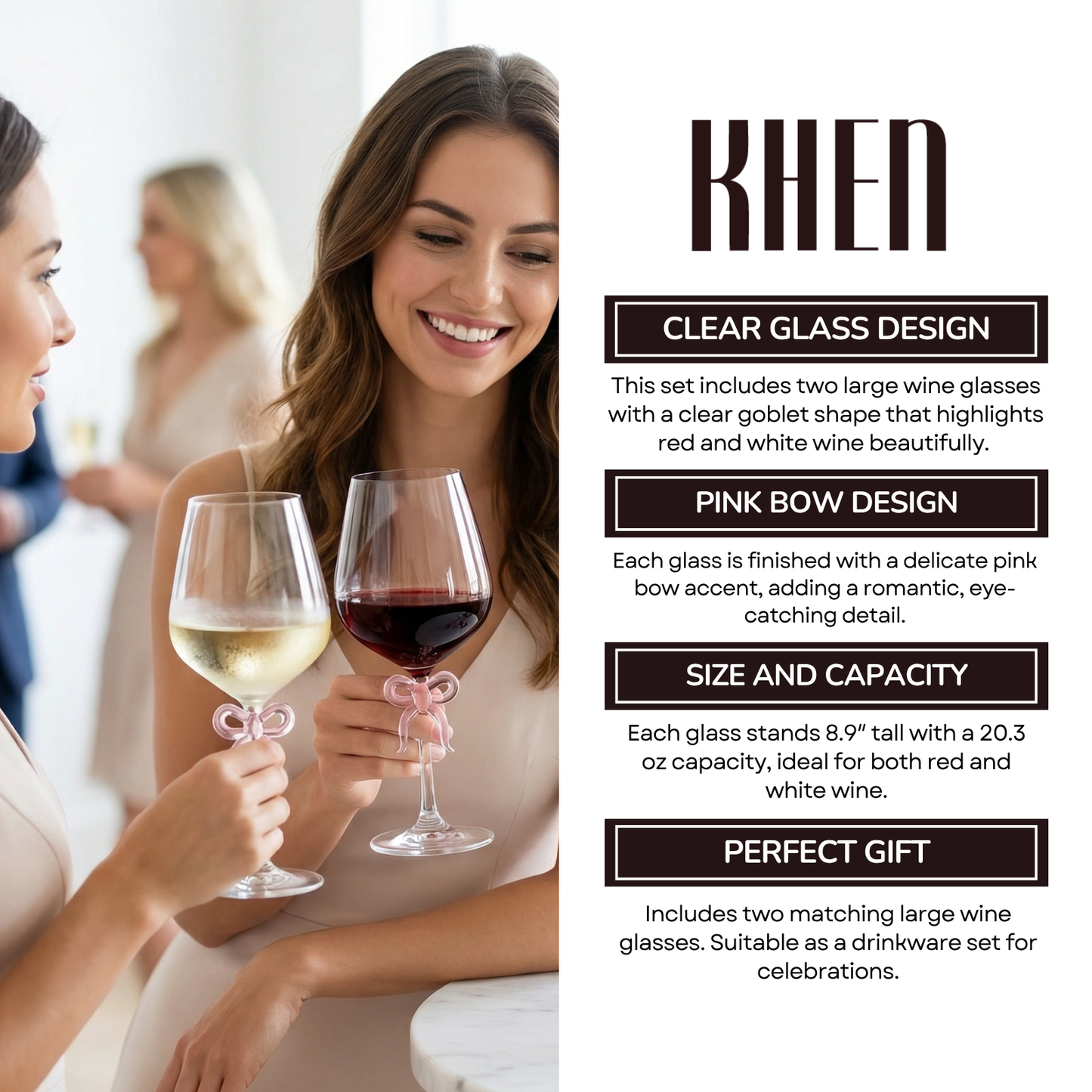 Large Clear Wine Glass with Pink Bow on Stem Set