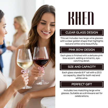 Large Clear Wine Glass with Pink Bow on Stem Set