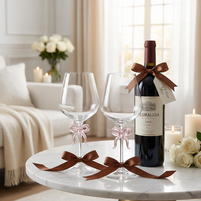 Large Clear Wine Glass with Pink Bow on Stem Set