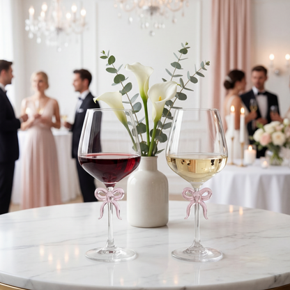Large Clear Wine Glass with Pink Bow on Stem Set