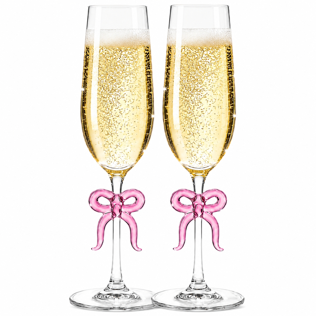 Two Clear Champagne Glasses and a Pink Bow Set