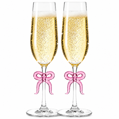 Two Clear Champagne Glasses and a Pink Bow Set