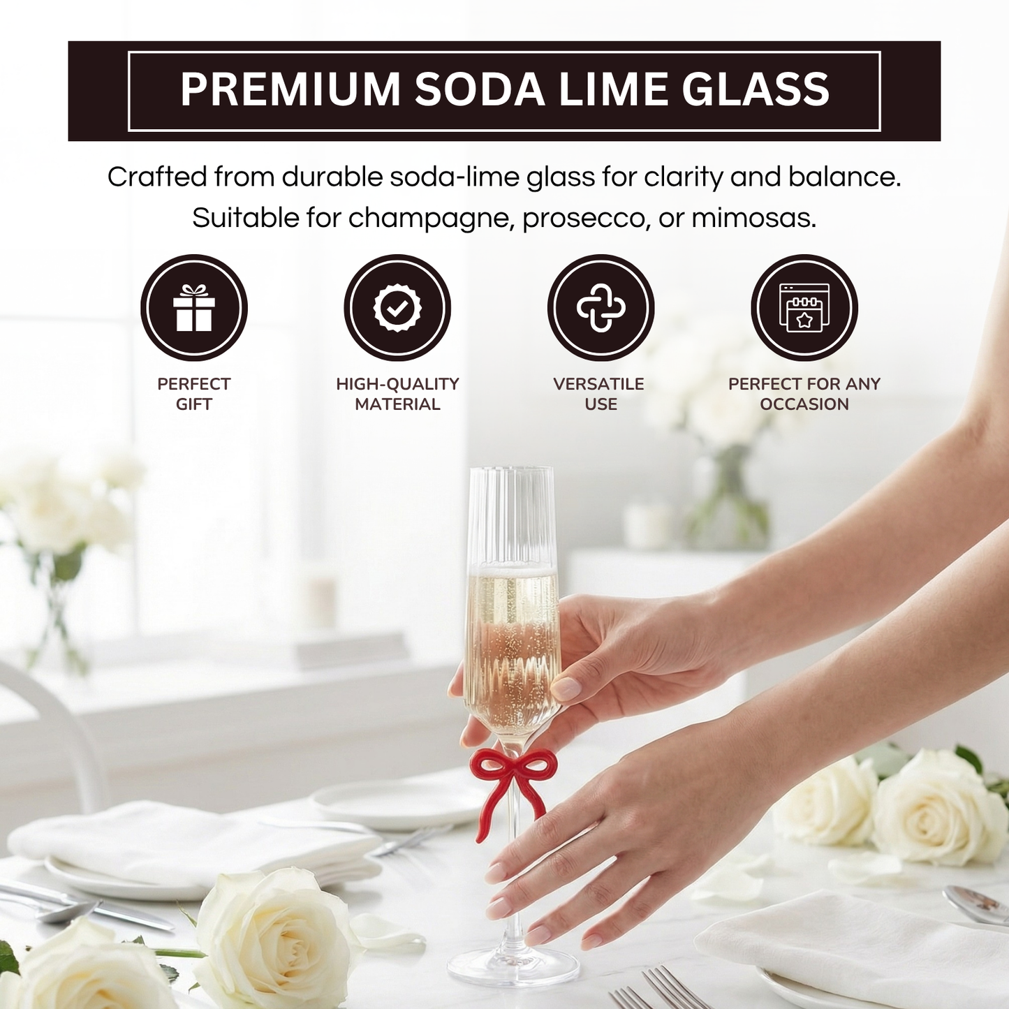 Ribbed Clear Champagne Glass with Red Bow