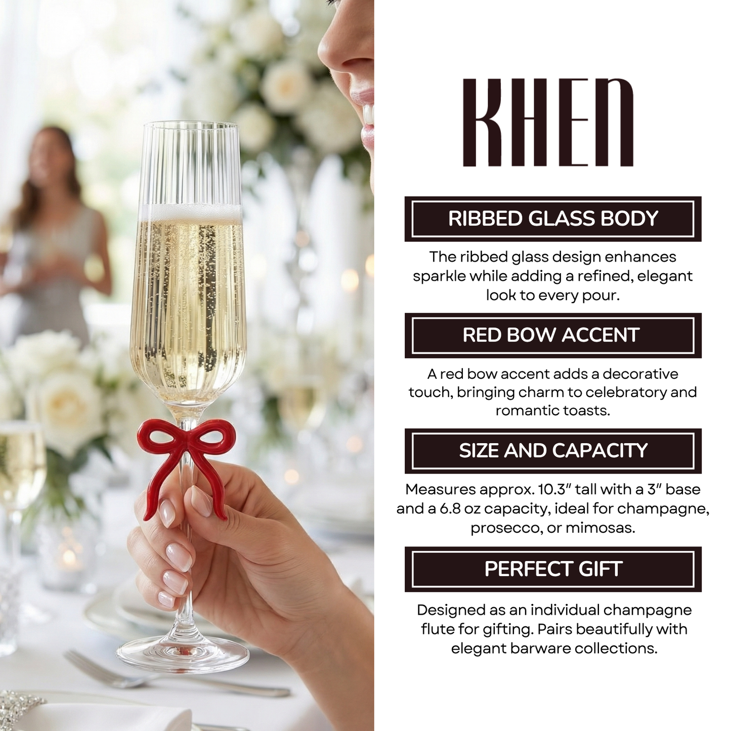 Ribbed Clear Champagne Glass with Red Bow