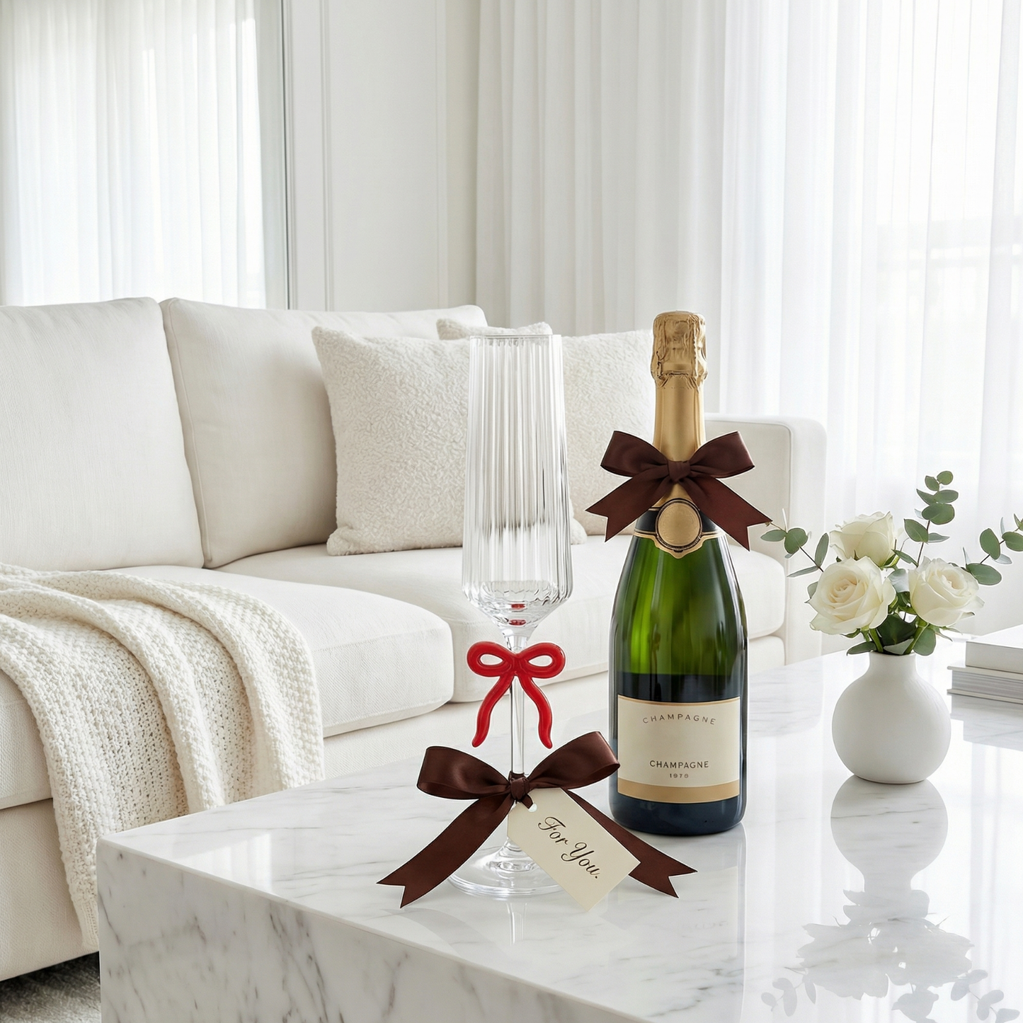 Ribbed Clear Champagne Glass with Red Bow