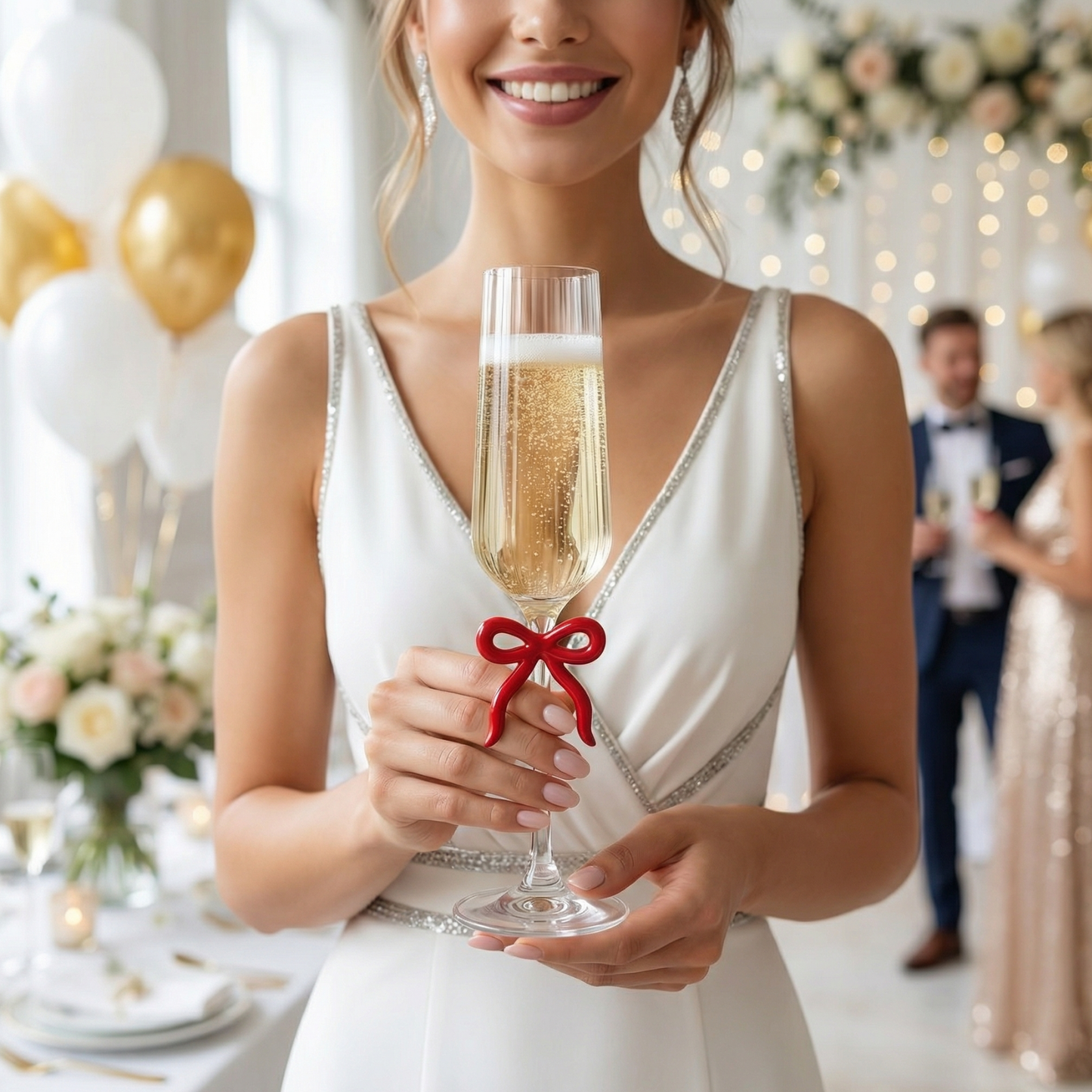 Ribbed Clear Champagne Glass with Red Bow