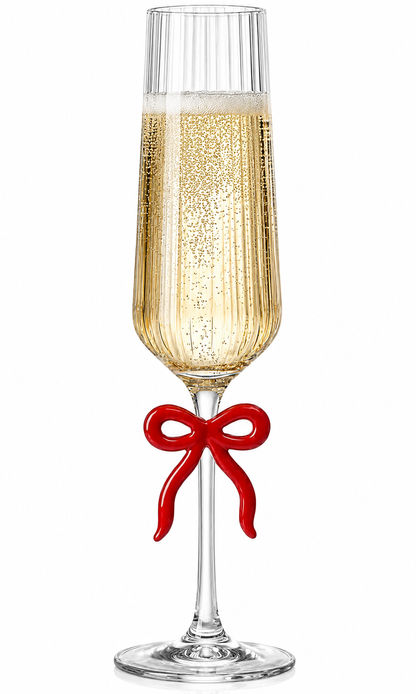 Ribbed Clear Champagne Glass with Red Bow