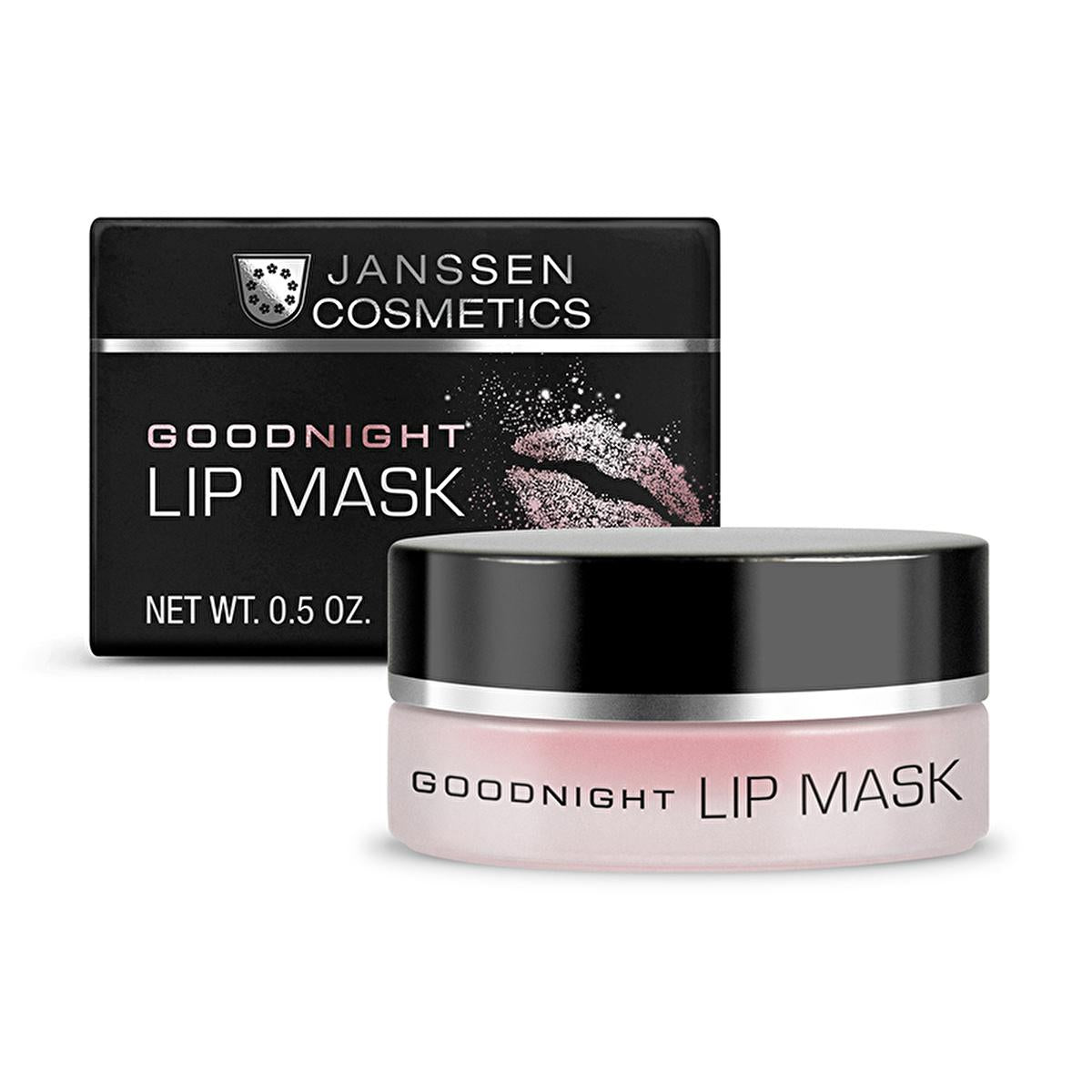 Goodnight Lip Mask jar by Janssen Cosmetics, pink jar with black lid beside black box (2 items) on Tampa Home & Garden Store