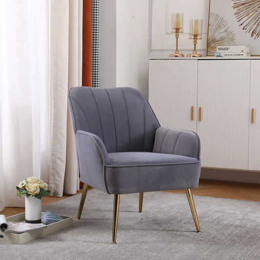 Modern mid-century velvet sherpa armchair in blue-gray with gold metal legs on Tampa Home & Garden Store
