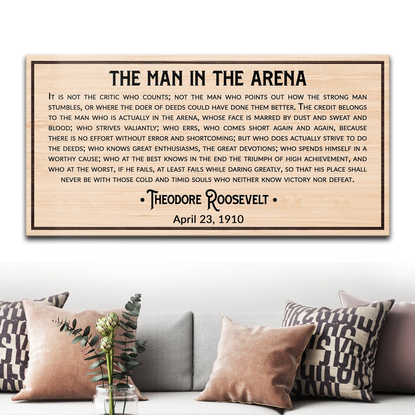 Canvas The Man In The Arena IV by Tailored Canvases with Roosevelt quote on wood on Tampa Home & Garden Store