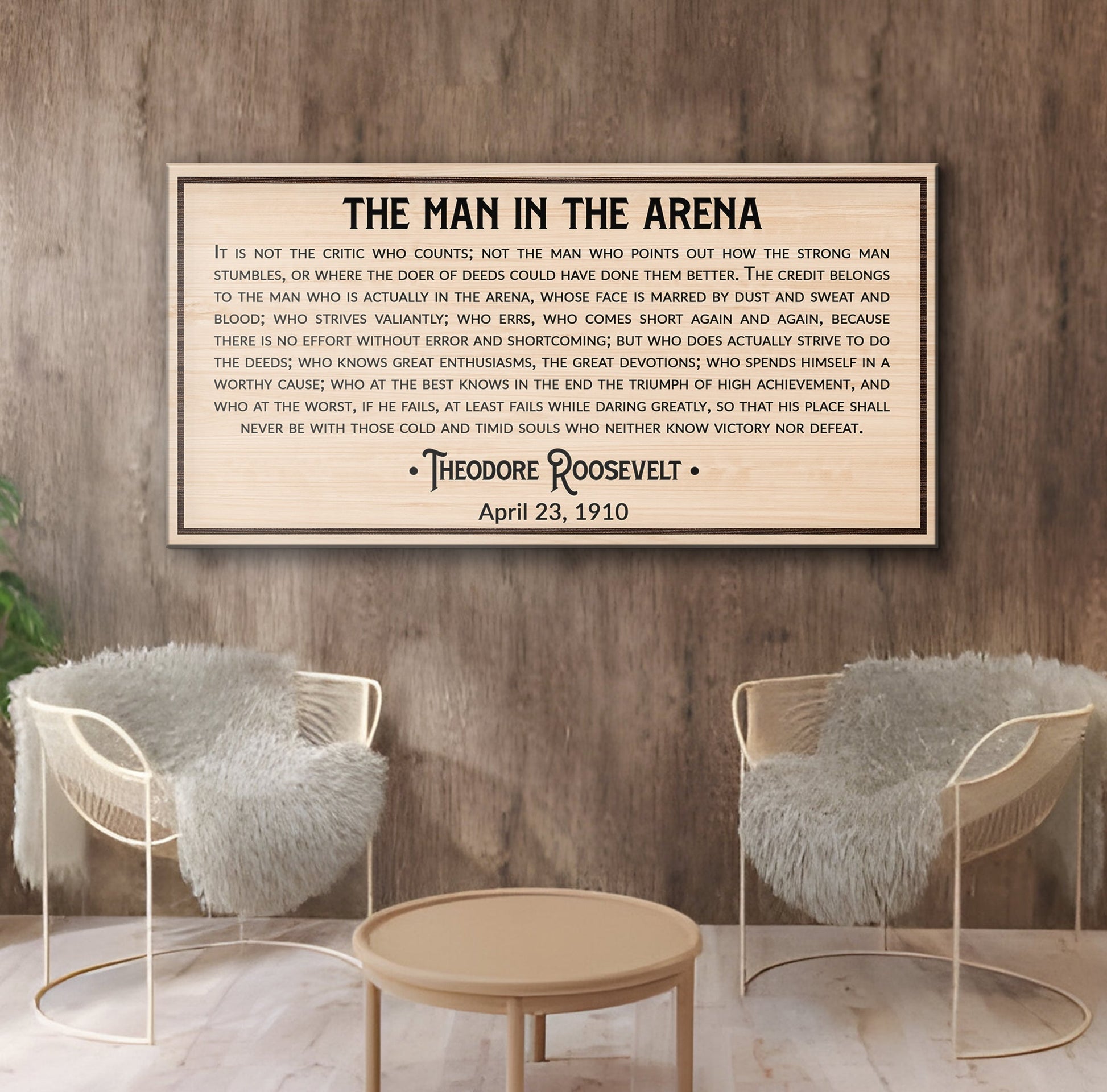 The Man In The Arena Sign IV canvas wall art with light woodgrain background and dark border on Tampa Home & Garden Store