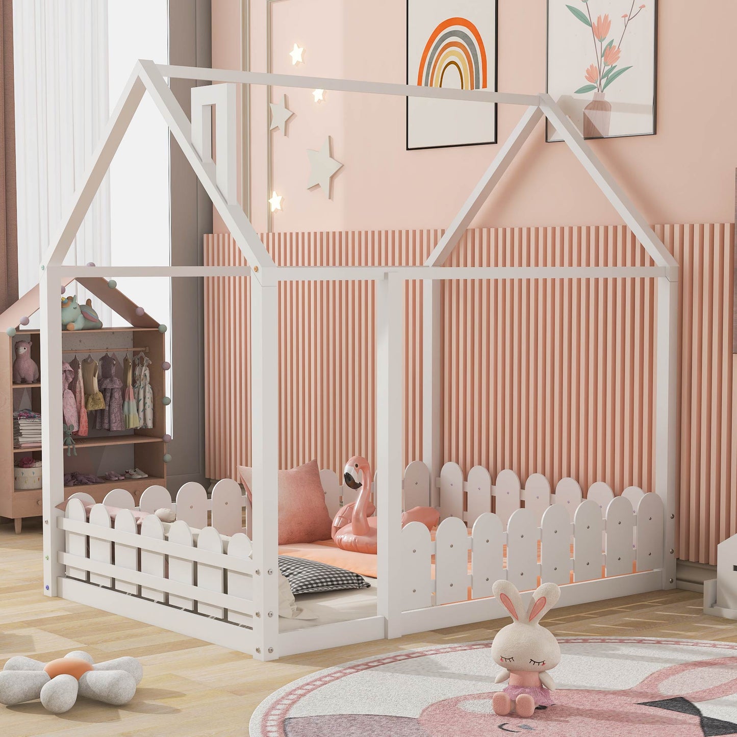 Full Size Wood Bed House Bed Frame with Fence for Kids (White)