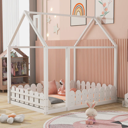 Full Size Wood Bed House Bed Frame with Fence for Kids (White)