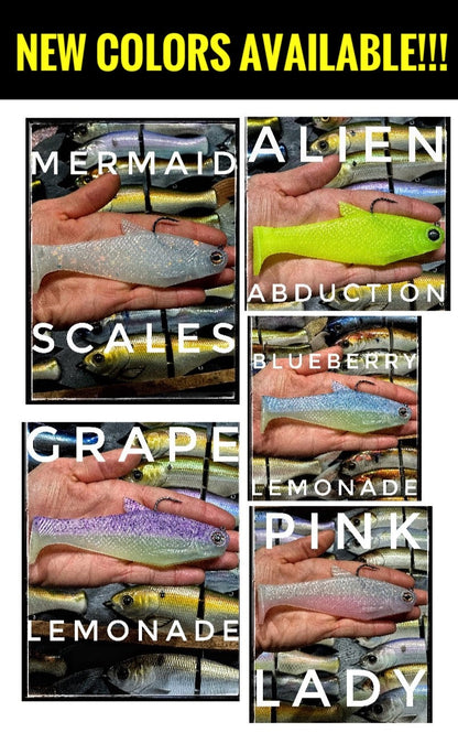 Bacca Burrito boot-tail soft swimbait by Bull Shad Swimbaits in a collage of new colors on Tampa Home & Garden Store