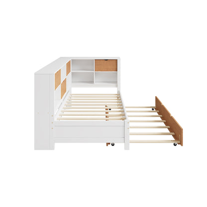 L-shaped bed frame with luggage and bookshelf, corner bed wooden captain's bed LED tube light and USB port walnut and white - Tampa Home & Garden Store