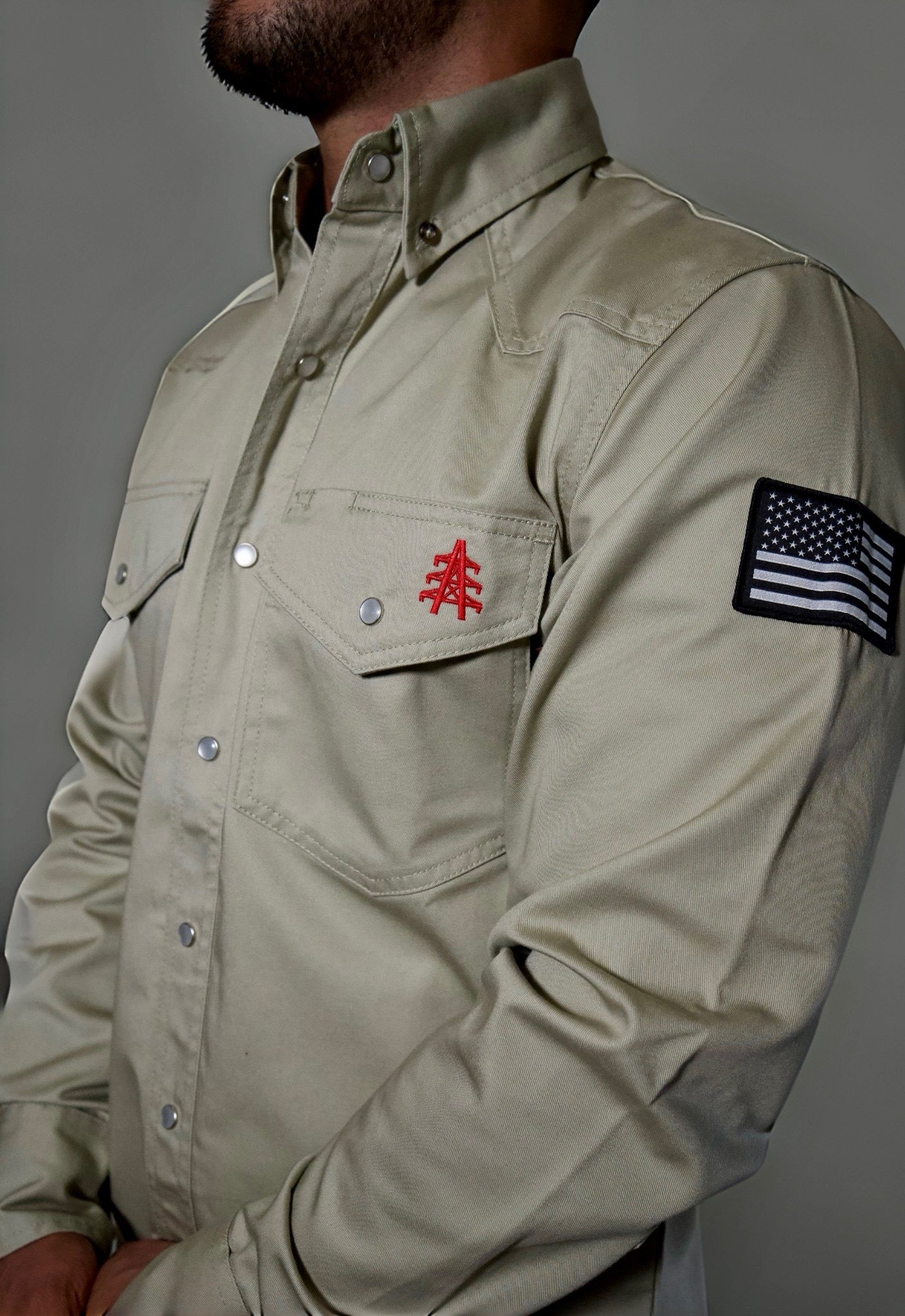 Static FR Western Style Pearl Snap Khaki Shirt with chest embroidery and US flag sleeve patch on Tampa Home & Garden Store