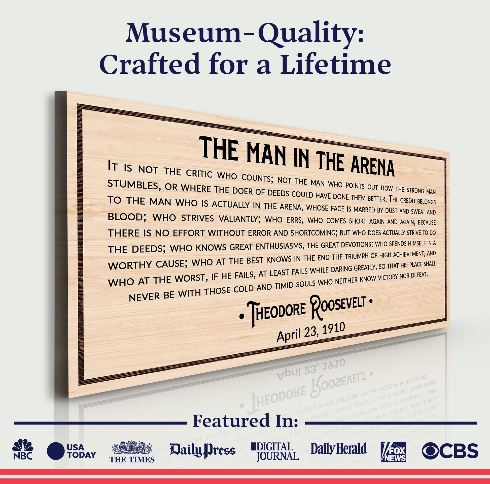 The Man In The Arena Sign IV canvas print on wood-grain panel by Tailored Canvases on Tampa Home & Garden Store