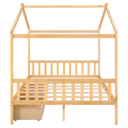 Full Size House Platform Bed with Two Drawers,Headboard and Footboard Roof Design Natural