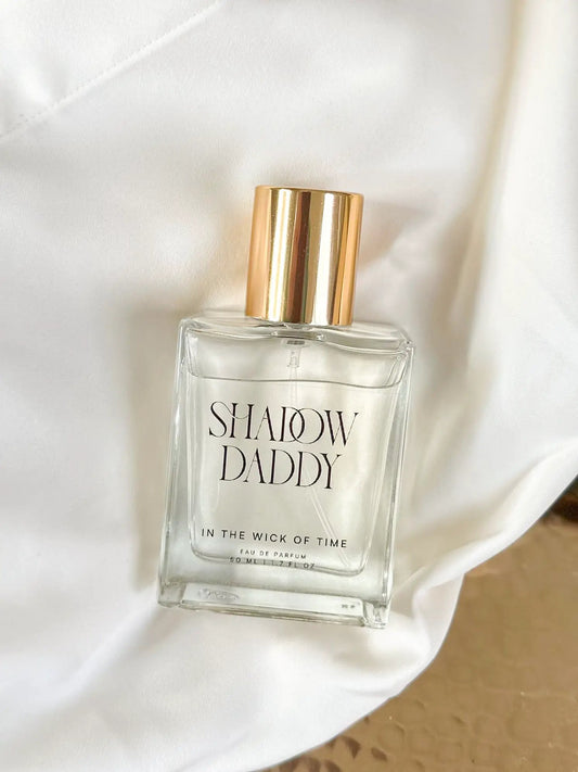 Shadow Daddy Eau de Parfum bottle, 50 ml, clear glass with gold cap, In the Wick of Time on Tampa Home & Garden Store