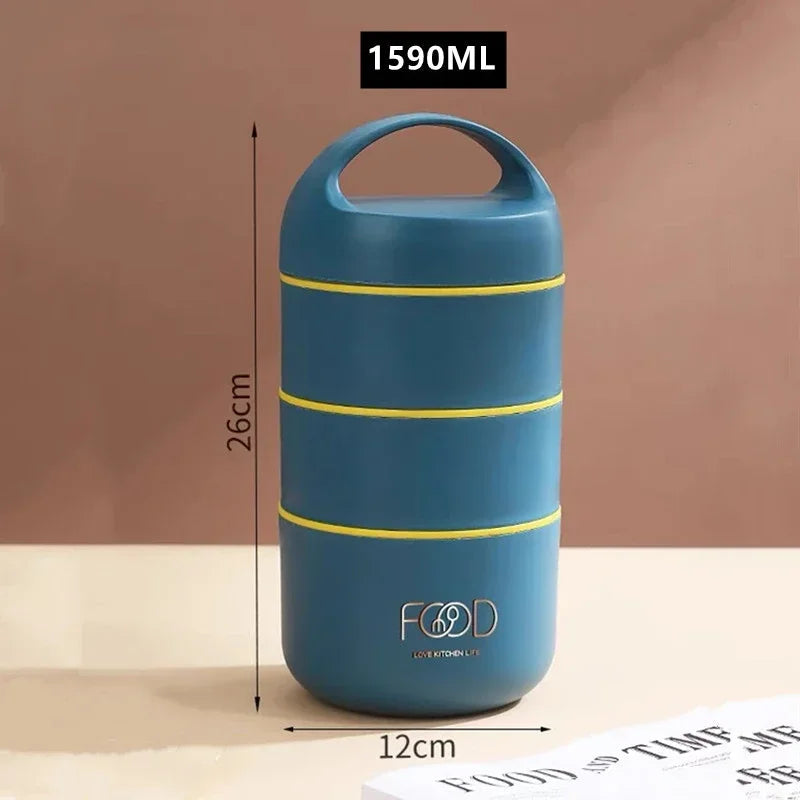 1590ml stainless steel lunch box with blue body and three yellow bands; leak-proof multi-layer bento for adults and students, FOOD logo on Tampa Home & Garden Store